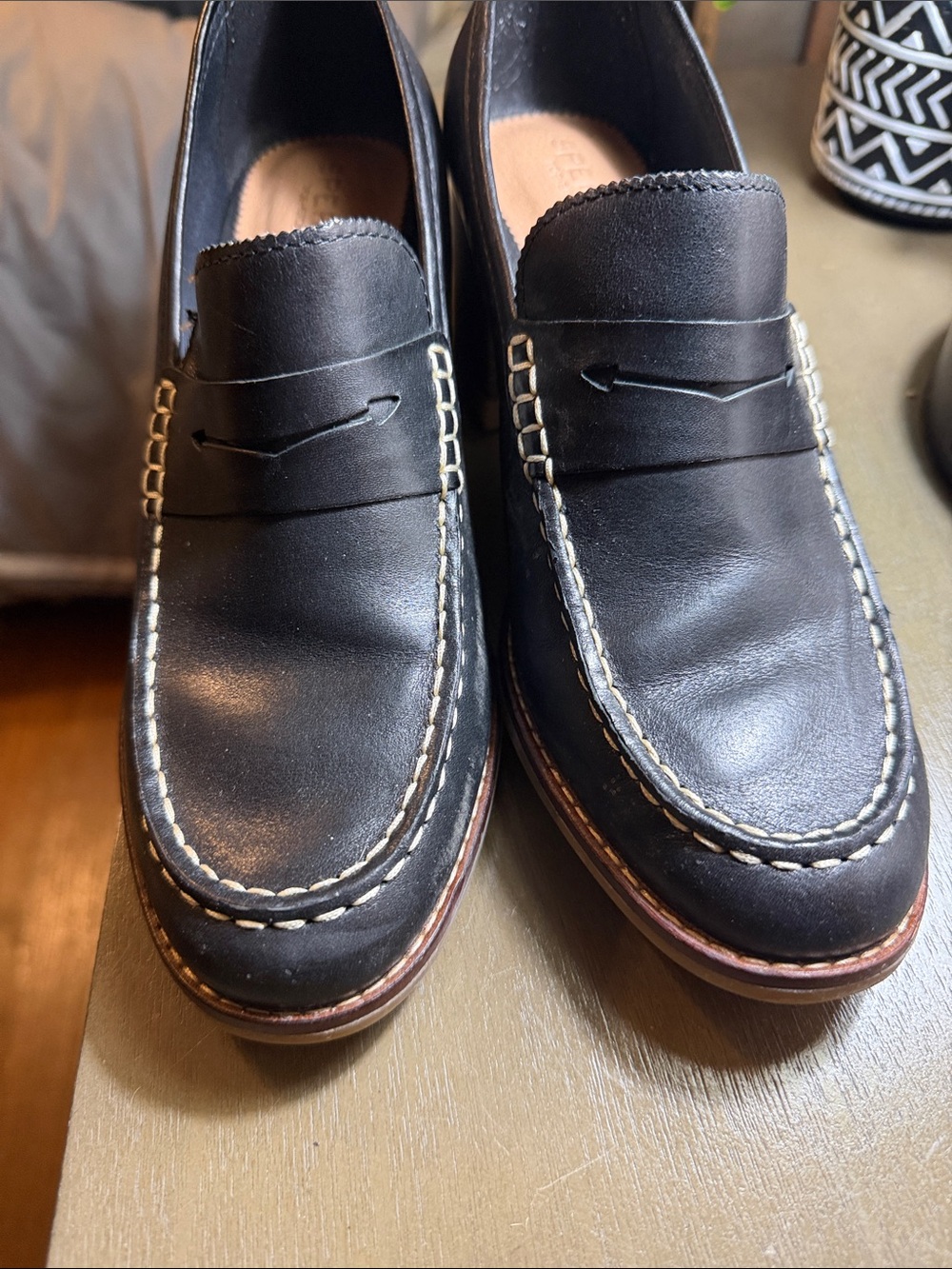 Sperry Black Leather Penny Loafers with Contrast Stitching